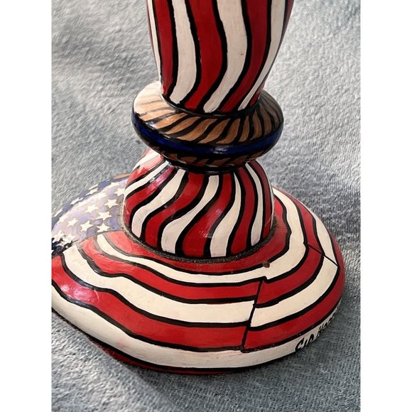 Americana Handmade Wooden Country Patriotic Candlestick Signed by Artist - Picture 5 of 8